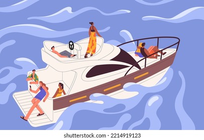 People travel by sea. Men and women friends swimming, sailing on yacht, relaxing on decks of ship boat on summer vacation. Relaxation on water vessel on holiday trip. Colored flat vector illustration