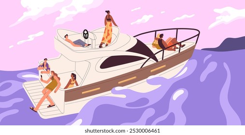 Personas viajan por mar en lancha motora. Amigos felices flotan en el yate en las olas del mar. Hombres, mujeres que navegan en barco, relajarse en cubierta en verano. Los personajes se divierten en un crucero por el océano. Ilustración vectorial plana