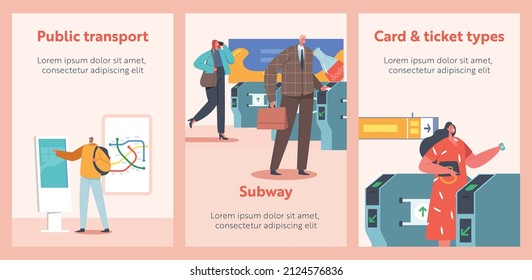 People Travel by Subway Banners. Male and Female Characters Pass Through Turnstile and Await Arrival of Train Buy Tickets at Box Office and Study Online Maps Train Route. Cartoon Vector Posters Set