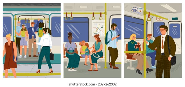 People Travel By Subway Train Vector Illustration Set. Passengers On Crowded Platform Boarding Metro Train. City Underground Public Transport. People Watching Mobile Phone And Reading While Commute