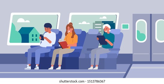 People Travel By Train. Male And Female Characters Sitting On Chairs In A Train Carriage. Passengers In Railway Transport. Public Transportation Concept. Flat Cartoon Vector Illustration. 