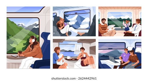 People travel by train set. Family, friends, couple sit inside carriage together and look at the window. Girls are in railroad trip alone. Tourists are in railway journey. Flat vector illustrations