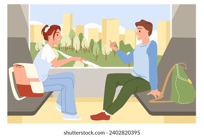 Die Menschen reisen mit der Bahn, dem Sommerpark und der Stadtlandschaft mit Gebäuden in Fenster, Vektorgrafik. Cartoon Mann und Frau mit Rucksäcken sitzen im Fahrgastraum, sprechen im Innenraum