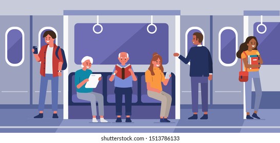 People travel  by underground train. Male and female characters sitting on chairs in metro wagon. Passengers in subway. Public transportation concept. Flat cartoon vector illustration. 