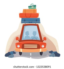 People in travel car with suitcases, road and forest trees. Flat cartoon style.