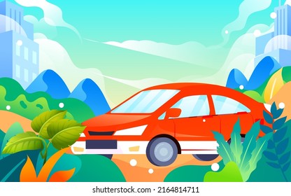 People travel in cars after vacation with various plants and buildings in the background, vector illustration