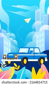 People travel in cars after vacation with various plants and buildings in the background, vector illustration