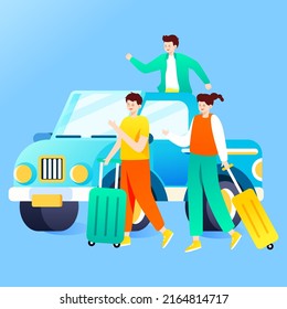 People travel in cars after vacation with various plants and buildings in the background, vector illustration