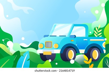People travel in cars after vacation with various plants and buildings in the background, vector illustration