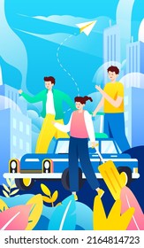 People travel in cars after vacation with various plants and buildings in the background, vector illustration