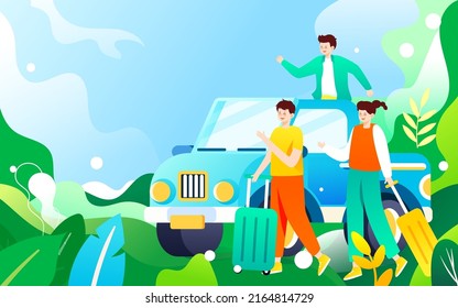 People travel in cars after vacation with various plants and buildings in the background, vector illustration