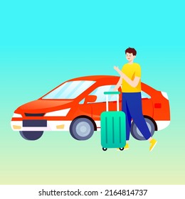 People travel in cars after vacation with various plants and buildings in the background, vector illustration