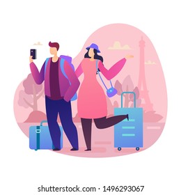 People Travel Character Vector Illustration In Vacation On Background Concept In Paris With Flat Cartoon