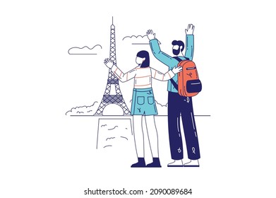 People in travel concept in flat line design for web banner. Couple of tourists travel and sightseeing Paris, vacation trip to France, modern people scene. Vector illustration in outline graphic style