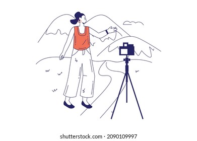 People in travel concept in flat line design for web banner. Woman tourist takes selfie on camera in mountains, resting on vacation, modern people scene. Vector illustration in outline graphic style