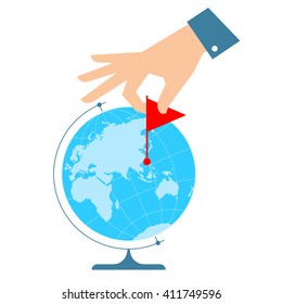 People travel concept. Flat vector illustration of eastern globe hemisphere and human hand with flag marker. Man is pointing a place on the map. Infographic element for web, print, social networks.