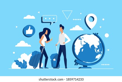 People travel concept vector illustration. Cartoon man woman tourist characters with suitcases and smartphone standing next to globe world map, global communications, traveling around world background