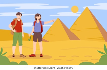 People travel at dessert concept. Man and woman with backpacks stand against backdrop of priramids. Travel and tourism, active lifestyle. Young couple in Egypt. Cartoon flat vector illustration