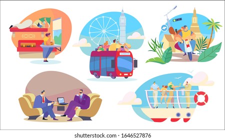 People travel in different transport, sightseeing and business trip, vector illustration. Cartoon characters traveling around the world by train, bus, bike and cruise ship. Travelers in transport
