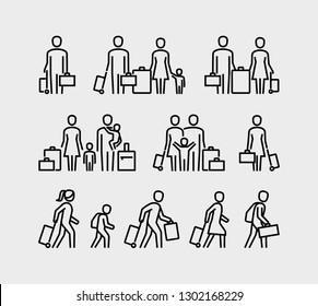 People travel icons. Family with children and suitcase luggage ready for traveling