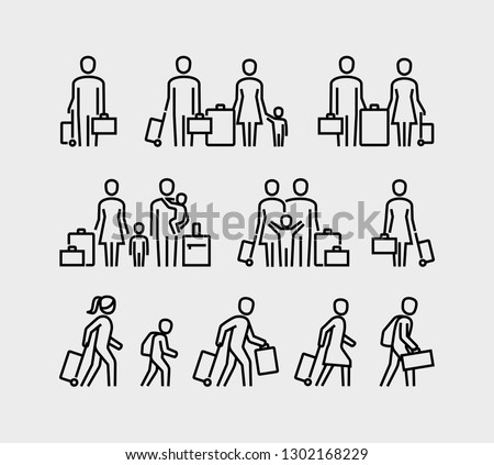 People travel icons. Family with children and suitcase luggage ready for traveling