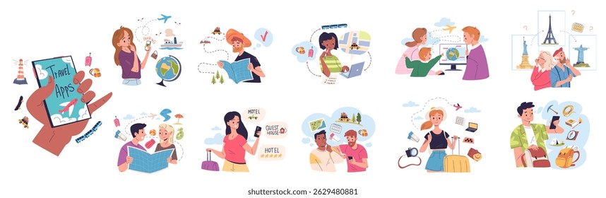 People travel itinerary. Man and woman vacation trip plan, tourism research planning logistic map reservation hotel or plane ticket in phone booking app, classy vector illustration original artwork