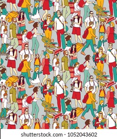 People travel luggage crowd seamless pattern.