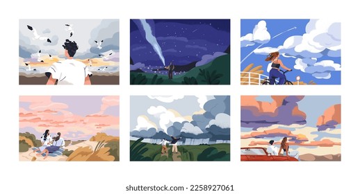 People travel in nature, looking at sky horizons, clouds, stars set. Outdoor summer adventures, peaceful landscapes at sunset, sunrise, night. Harmony, freedom concept. Flat vector illustrations