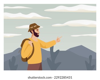 People travel in nature, looking at sky horizons, clouds. Scenes with people walking alone, enjoy scenic nature views. Harmony, freedom concept. Flat vector illustrations