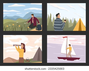 People travel in nature, looking at sky horizons, clouds. Scenes with people walking alone, enjoy scenic nature views. Harmony, freedom concept. Flat vector illustrations