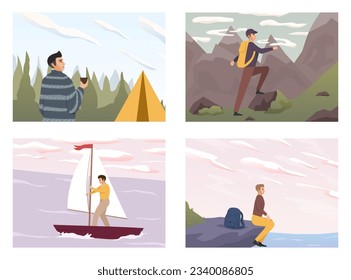 People travel in nature, looking at sky horizons, clouds. Scenes with people walking alone, enjoy scenic nature views. Harmony, freedom concept. Flat vector illustrations