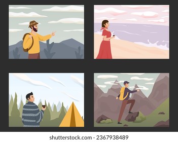 People travel in nature, looking at sky horizons, clouds. Scenes with people walking alone, enjoy scenic nature views. Harmony, freedom concept. Flat vector illustrations