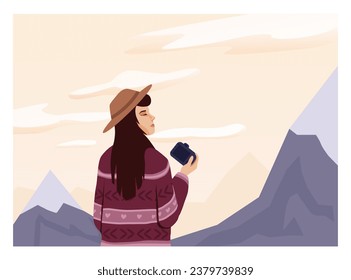 People travel in nature, looking at sky horizons, clouds. Scenes with people walking alone, enjoy scenic nature views. Harmony, freedom concept. Flat vector illustrations