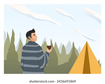 People travel in nature, looking at sky horizons, clouds. Scenes with people walking alone, enjoy scenic nature views. Harmony, freedom concept. Flat vector illustrations