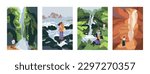 People travel in nature. Vertical landscape cards set. Holiday adventure in caves, canyon, hiking to waterfall, sea and rocks, enjoying peaceful calm tranquil sceneries. Flat vector illustrations
