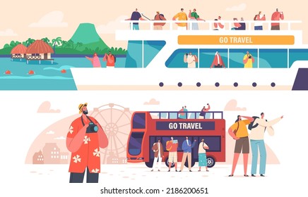 People Travel On Cruise Liner and Bus. Characters with Photo Cameras on Boat Deck With Seascape View, Summer Vacation Journey On Passenger Vessel and Autobus. Cartoon Vector Illustration