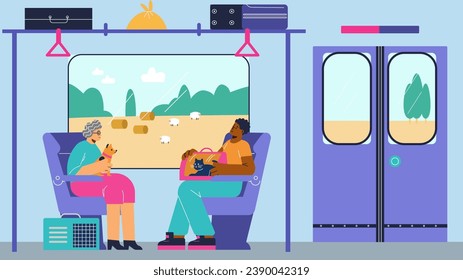 People travel on the train with pets, vector illustration, flat cartoon style. Woman with a dog on her lap and a man with a cat in a special bag are traveling near the train window, cute animals.