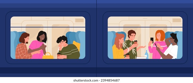 La gente viaja en tren, mira a través de la ilustración vectorial de la ventana del vagón. Escenas de caricaturas con pasajeros sentados en el interior del auto, joven feliz y hombre hablan y beben café con conversación