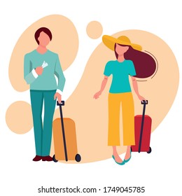 People travel on vacation with suitcases. Tourists with luggage travel with their family, a guy and a girl go on a trip. Travel and tourism design concept. Vector illustration