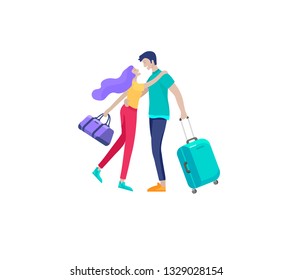 People travel on vacation. Tourists with laggage travelling couple and friends, go on journey. Travelers in various activity with luggage and equipment. Vector illustration