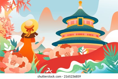 People travel on vacation with various plants and buildings in the background, vector illustration, Chinese translation: Summer Solstice