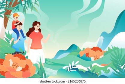 People travel on vacation with various plants and buildings in the background, vector illustration, Chinese translation: Summer Solstice