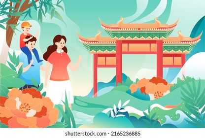 People travel on vacation with various plants and buildings in the background, vector illustration, Chinese translation: Summer Solstice