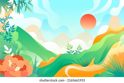 People travel on vacation with various plants and buildings in the background, vector illustration