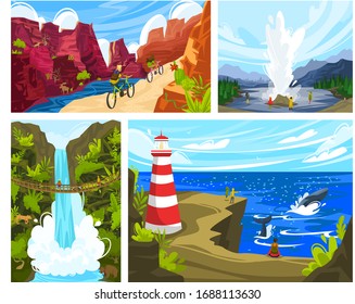 People travel outdoor, beautiful nature landscape in national park, active recreation, vector illustration. Man and woman travelers discover different countries, trip around world. Travel destination