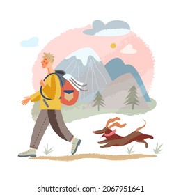 People travel with pet dog, vacation trip adventure vector illustration. Cartoon man tourist hiking outdoor, pet owner hiker character walking with doggy in summer mountain landscape isolated on white