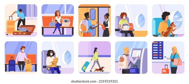 People travel with pets set vector illustration. Cartoon life scenes collection with characters carry plastic cages and box carriers with dog and cat, passengers sit by plane window with animals