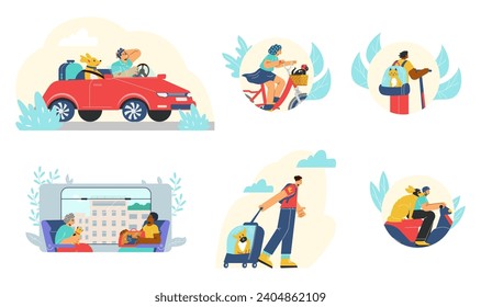 People travel with pets, set of vector illustrations isolated on white. Happy young men and women trip together with cats, dogs, cute animal. Pet owners with special bags, on transport. Flat cartoon.