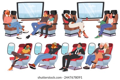 Personas Con Almohadas De Viaje, Proporcionan Asistencia De Cuello Y Cabeza, Haciendo Que Dormir O Descansar Sea Más Cómodo En Aviones Y Trenes. Personajes de viaje de Vector de dibujos animados que buscan relax y confort durante viajes largos