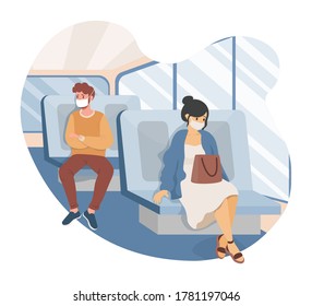 People travel in public transport during Coronavirus outbreak vector flat illustration. Man and woman wearing face masks and keeping safe social distance to protect from virus spread.